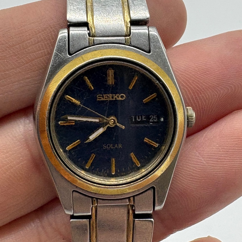 Seiko Solar Womens Watch Two Tone Silver Gold Blue Dial Day Date Needs Battery